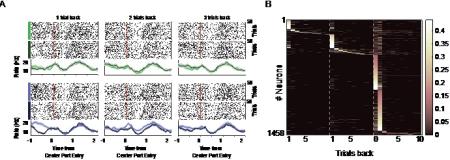 Spike raster and peri event time histogram (PETH) plots of an example neuron aligned to center port entry time. 