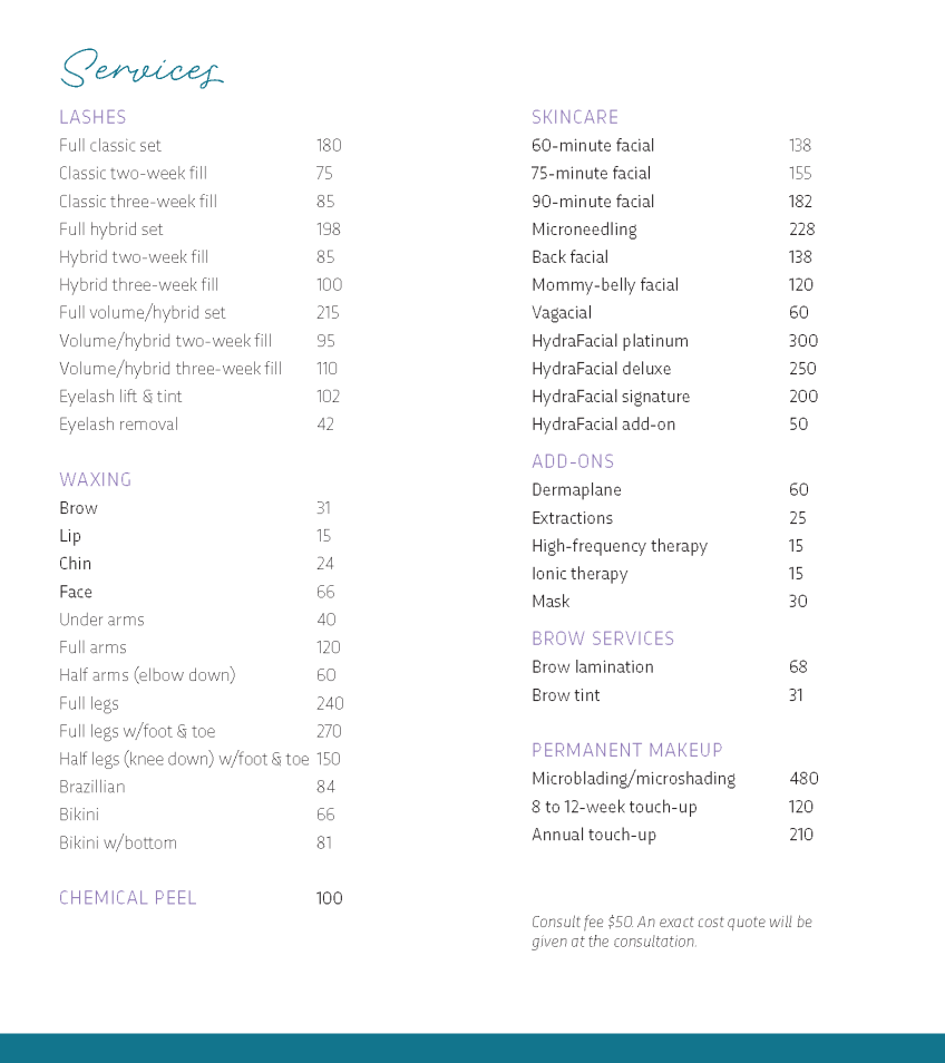 Pricing for SpaMed aesthetician services